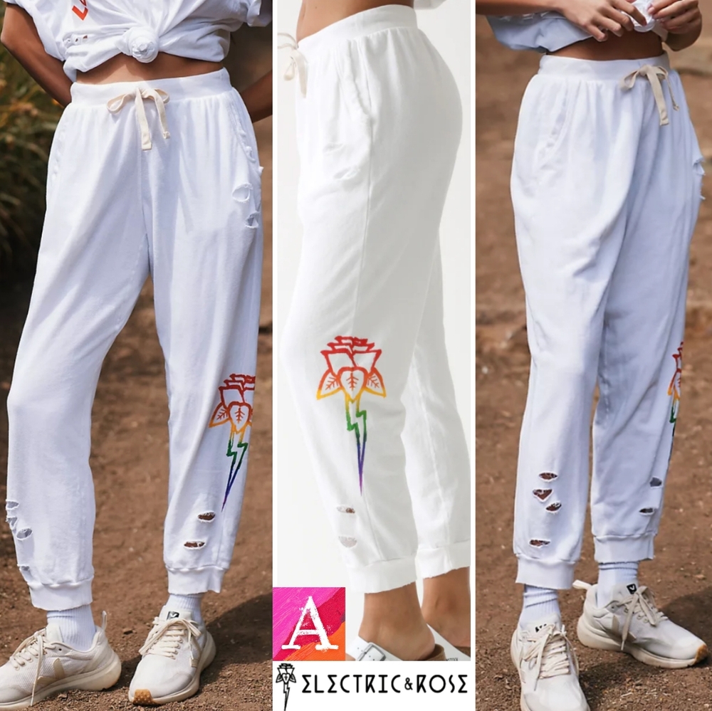 RARE*ELECTRIC & ROSE X ANTHRO Harbor Love Distressed Cotton Luxe Pride Joggers